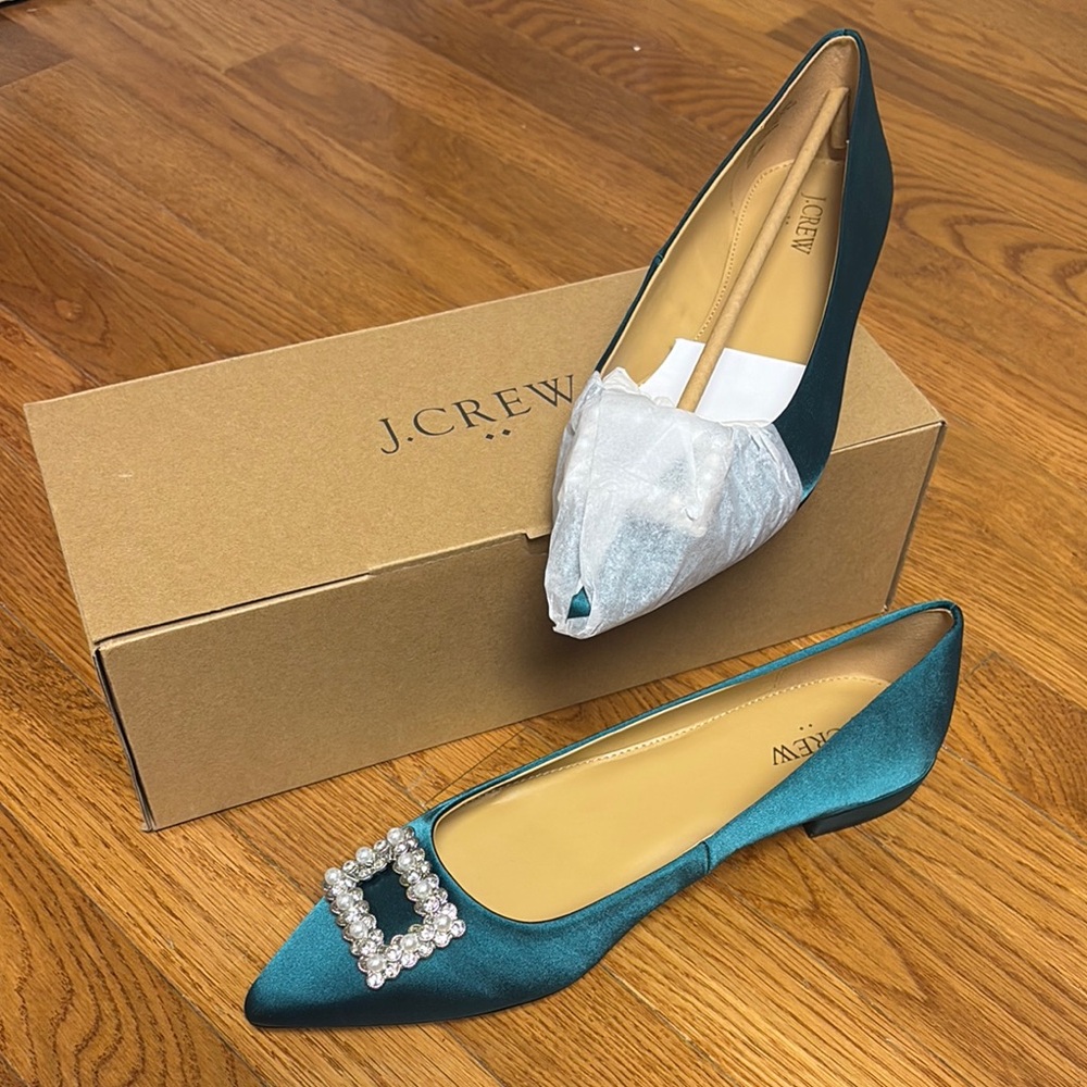J. Crew Teal Satin Flats with Embellished Buckle